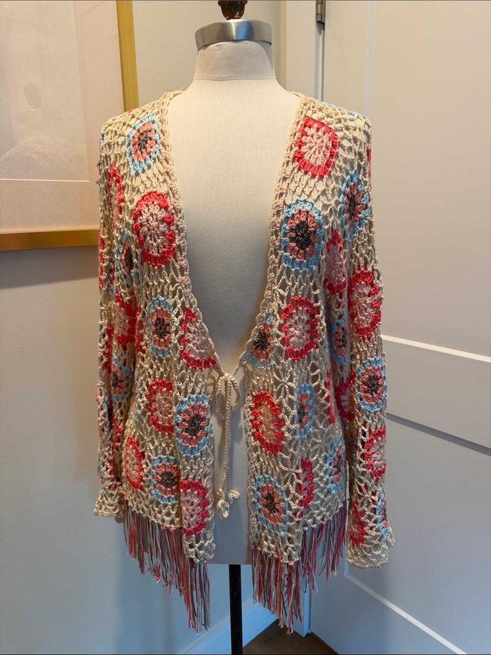 POL Boho Crochet Tie-Front Sweater Cardigan in Cream with Coral & Blue Accents